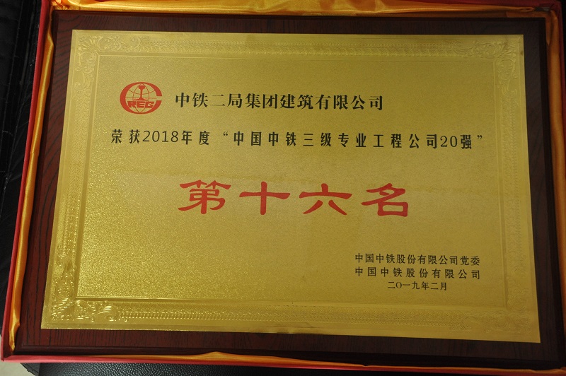 建筑公司荣获2018年度中国中铁三级施工企业20强